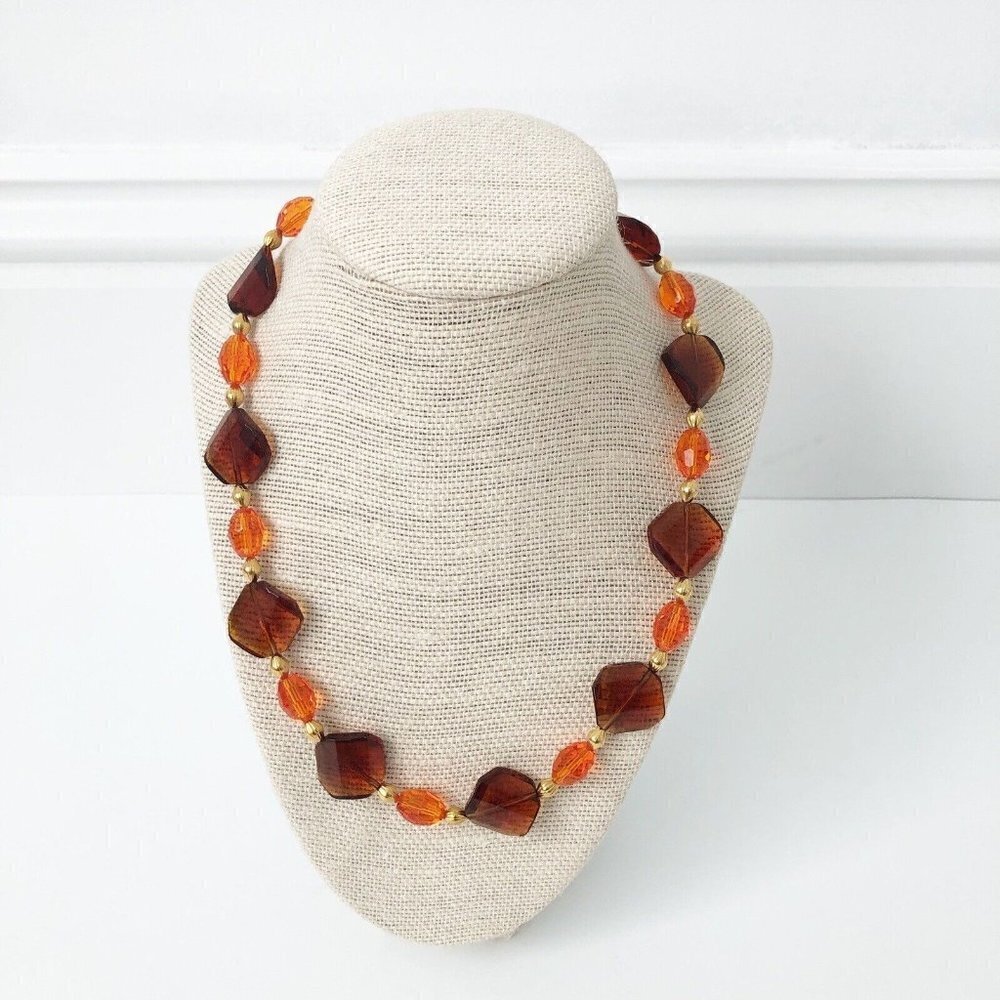 NWT Genuine Czech Crystal & Metallic Beads Beaded Necklace Brown Orange
